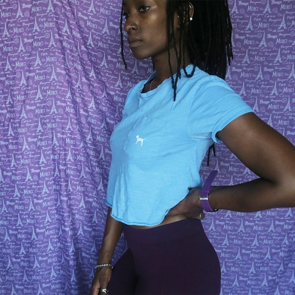 PINK Victoria's Secret cropped t-shirt with dog on front pocket in baby blue S - Picture 4 of 6